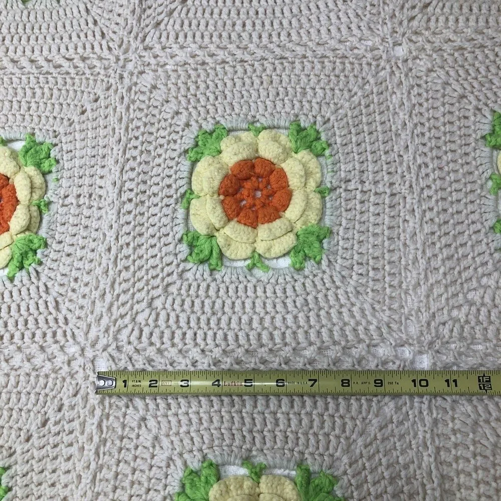 Crochet Afghan Blanket 3D Rose Throw Handmade Granny Square 70s Decor 42” x 68”
